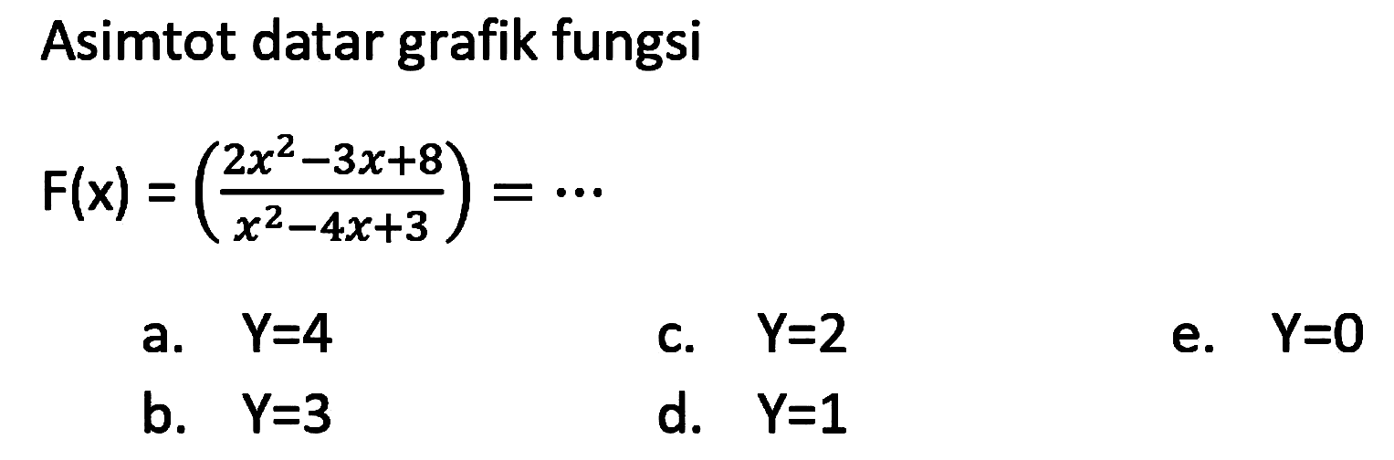 Asimtot datar grafik fungsi F(x)=((2x^2-3x+8)/(x^2-4x+3)) = ...