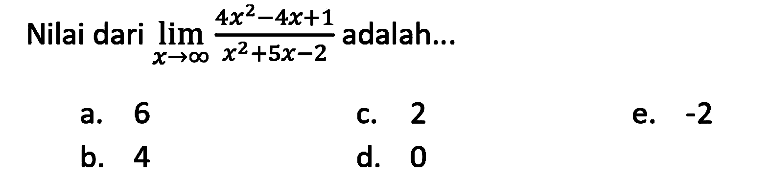 Nilai dari limit x mendekati tak hingga (4x^2-4x+1)/(x^2+5x-2) adalah