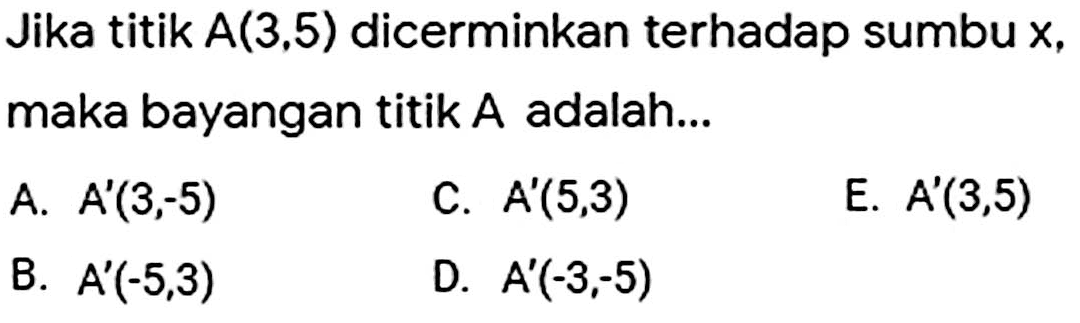 Jika titik A(3, 5) dicerminkan terhadap sumbu x, maka bayangan titik A adalah... 