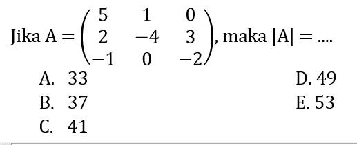 Jika A = (5 1 0 2 -4 3 -1 0 -2), maka |A| =