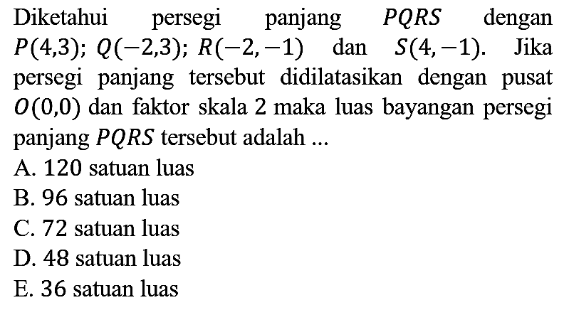 Diketahui persegi panjang  P Q R S  dengan  P(4,3) ; Q(-2,3) ; R(-2,-1)   dan  S(4,-1) .   Jika persegi panjang tersebut didilatasikan dengan pusat  O(0,0)  dan faktor skala 2 maka luas bayangan persegi panjang  P Q R S  tersebut adalah ...