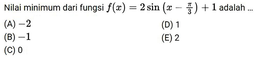 Nilai minimum dari fungsi f(x)=2sin (x-pi/3)+1 adalah...