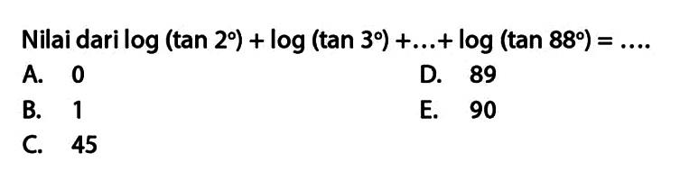 Nilai dari log(tan 2)+log(tan 3)+ ... +log(tan 88)= ... 