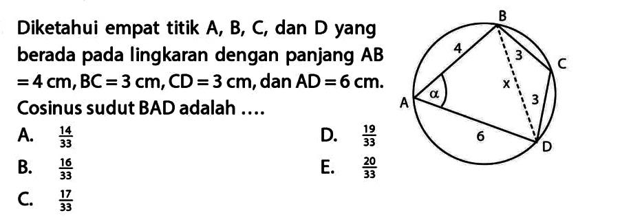 Diketahui empat titik A, B, C, dan D yang berada pada lingkaran dengan panjang AB =4 cm, BC=3 cm, CD=3 cm, dan AD=6 cm. Cosinus sudut BAD adalah ....
