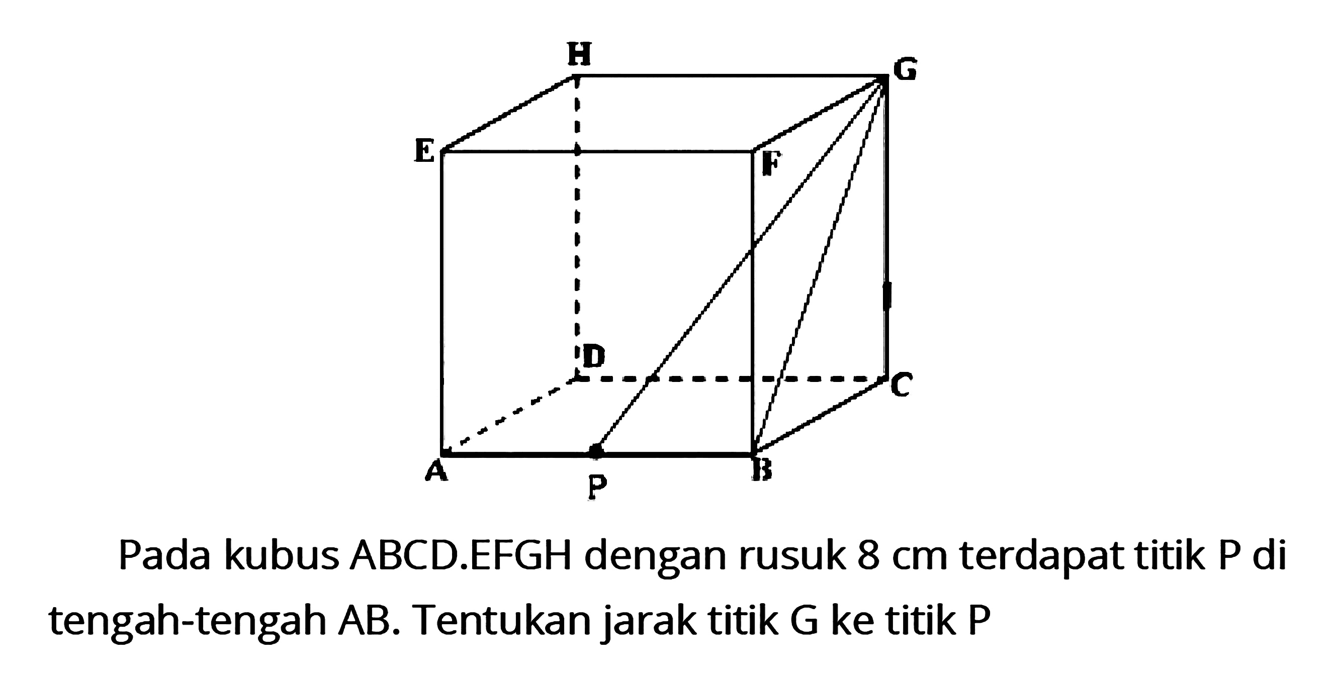 Pada kubus ABCD.EFGH dengan rusuk 8 cm terdapat titik P di tengah-tengah AB. Tentukan jarak titik G ke titik P