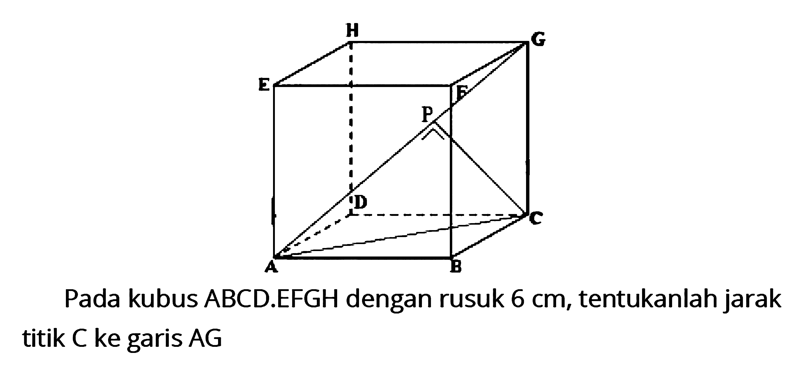 Pada kubus ABCD.EFGH dengan rusuk 6 cm, tentukanlah jarak titik C ke garis AG