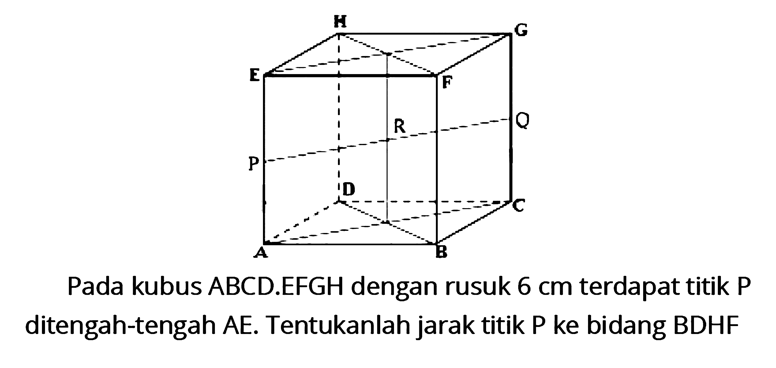 Pada kubus ABCD.EFGH dengan rusuk 6 cm terdapat titik P ditengah-tengah AE. Tentukanlah jarak titik P ke bidang BDHF