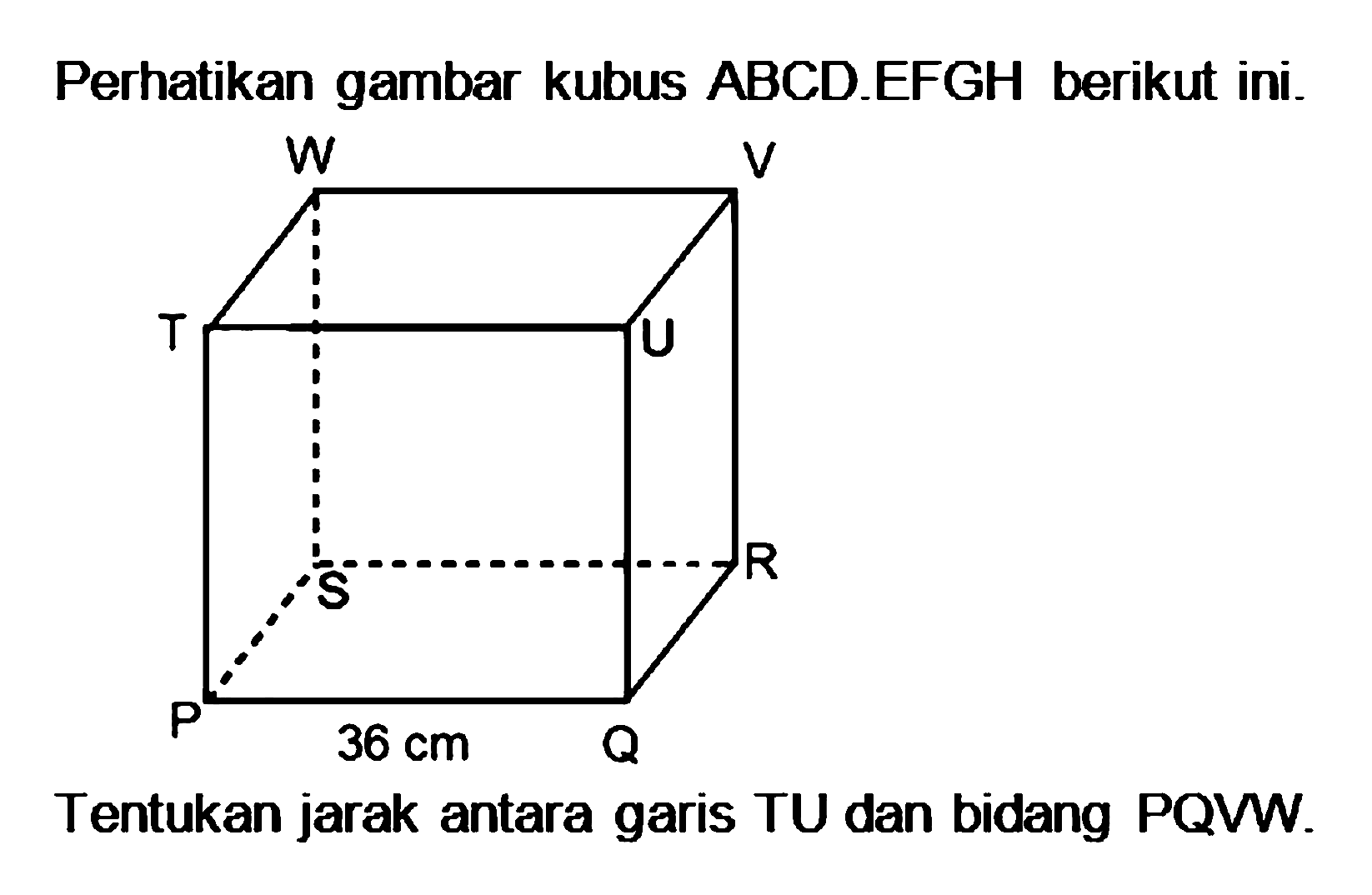 Perhatikan gambar kubus ABCD.EFGH berikut ini. Tentukan jarak antara garis TU dan bidang PQVW.