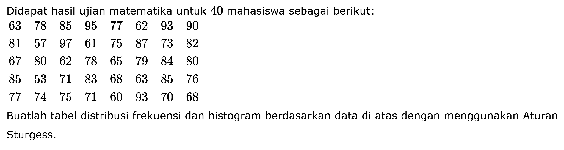 Didapat hasil ujian matematika untuk 40 mahasiswa sebagai berikut: 63 78 85 95 77 62 93 90 81 57 97 61 75 87 73 82 80 62 67 78 65 79 84 80 85 53 71 83 68 63 85 76 77 74 75 71 60 93 70 68 Buatlah tabel distribusi frekuensi dan histogram berdasarkan data di atas dengan menggunakan Aturan Sturgess.