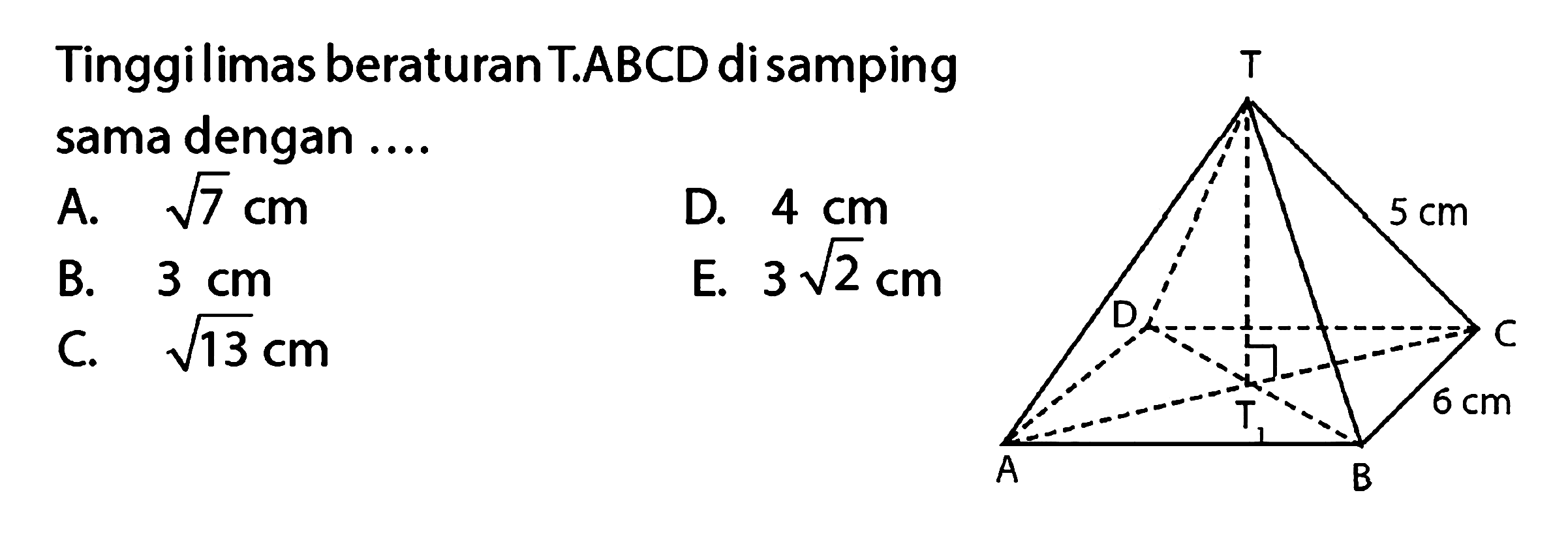 Tinggi limas beraturan T.ABCD di samping sama dengan