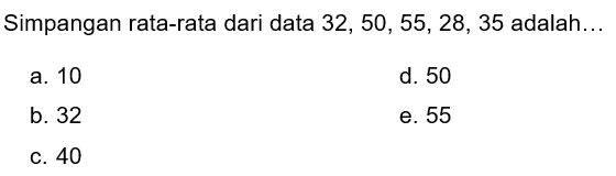 Simpangan rata-rata dari data  32,50,55,28,35  adalah...