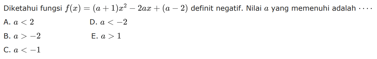 Diketahui fungsi f(x) = (a + 1)x^2 - 2ax + (a - 2) definit negatif. Nilai a yang memenuhi adalah ... A. a < 2 D. a < -2 B. a > -2 E. a > 1 C. a < -1