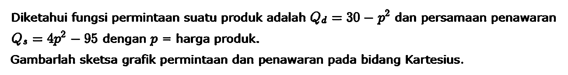 Diketahui fungsi permintaan suatu produk adalah Qd = 30 - p^2 dan persamaan penawaran Qs = 4p^2 - 95 dengan p = harga produk. Gambarlah sketsa grafik permnintaan dan penawaran pada bidang Kartesius.