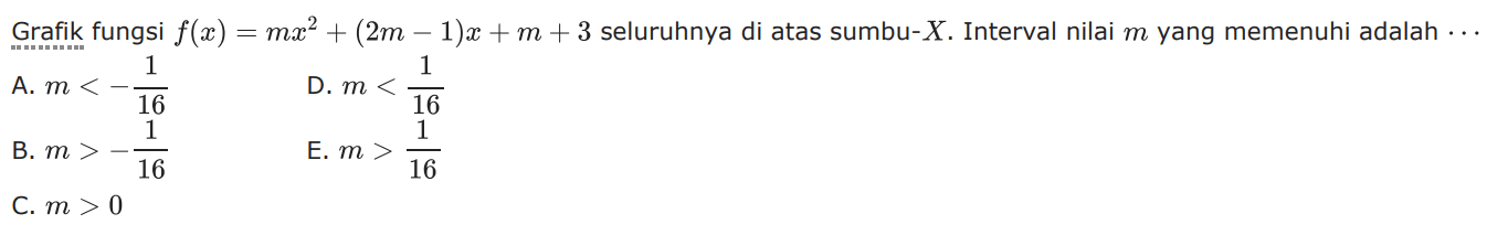 Grafik fungsi f(z) = mx^2 + (2m - 1)x + m + 3 seluruhnya di atas sumbu-X. Interval nilai m yang memenuhi adalah ....