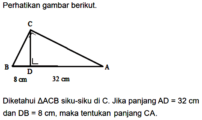 Perhatikan gambar berikut.C B D A 8 cm 32 cmDiketahui  segitiga ACB  siku-siku di C. Jika panjang  AD=32 cm  dan  DB=8 cm , maka tentukan panjang  CA .