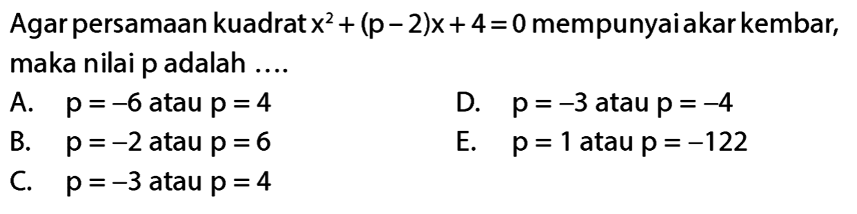Agar persamaan kuadrat x^2 + (p - 2)x + 4 = 0 mempunyai akar kembar, maka nilai p adalah.... A. p = -6 atau p = 4 D. p = -3 atau p = -4 B. p = -2 atau p = 6 E. p = 1 atau p = -122 C. p = -3 atau p = 4