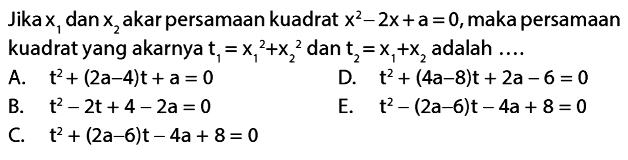 Jika x1 dan x2 akar persamaan kuadrat x^2 - 2x + a = 0, maka persamaan kuadrat yang akarnya t1 = x1^2 + x2^2 dan t2 = x1 + x2 adalah ....