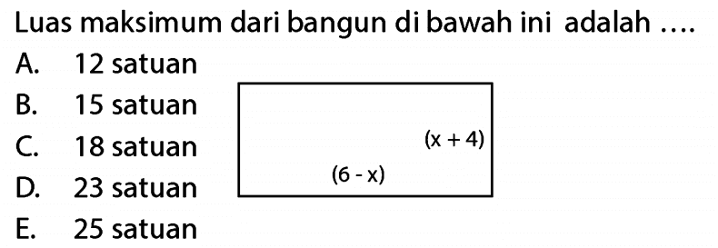 Luas maksimum bangun di bawah ini adalah ..... (6 - x) (x + 4)