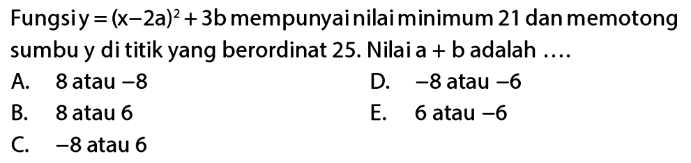 Fungsi y = (x - 2a)^2 + 3b mempunyai nilai minimum 21 dan memotong sumbu y di titik yang berordinat 25. Nilai a + b adalah ....