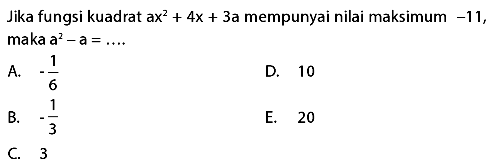 Jika fungsi kuadrat ax^2 + 4x + 3a mempunyai nilai maksimum -11, maka a^2- a =