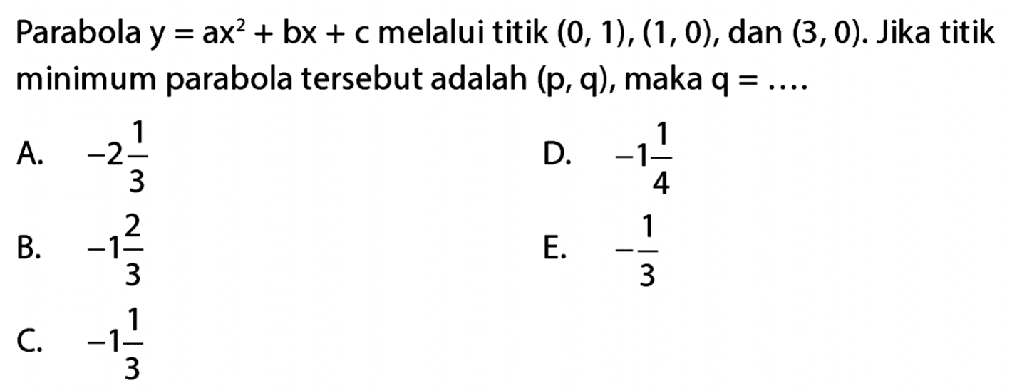 Parabola y = ax^2 + bx + c melalui titik (0, 1), (1, 0), dan (3,0). Jika titik minimum parabola tersebut adalah (p, q), maka q =...