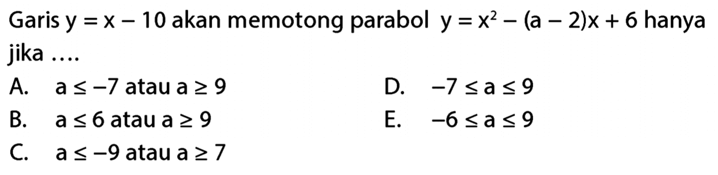 Garis y = X - 10 akan memotong parabol y = x^2- (a - 2)x + 6 hanya jika