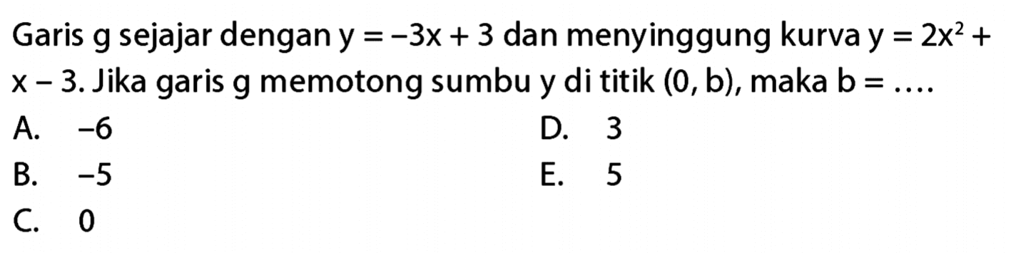 Garis g sejajar dengan y = -3x + 3 dan menyinggung kurva y = 2x^2 + x - 3.Jika garis g memotong sumbu y di titik (0, b), maka b = ....