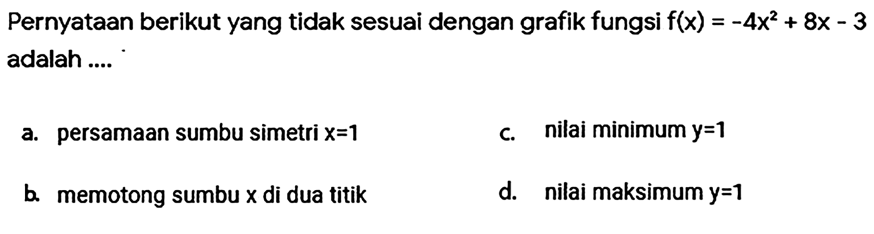 Pernyataan berikut yang tidak sesuai dengan grafik fungsi f(x)=-4x^2+8x-3 adalah ....