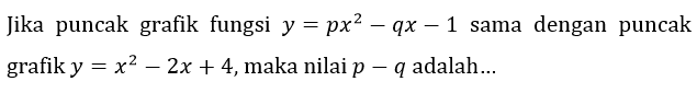 Jika puncak grafik fungsi  y=p x^(2)-q x-1  sama dengan puncak grafik  y=x^(2)-2 x+4 , maka nilai  p-q  adalah...