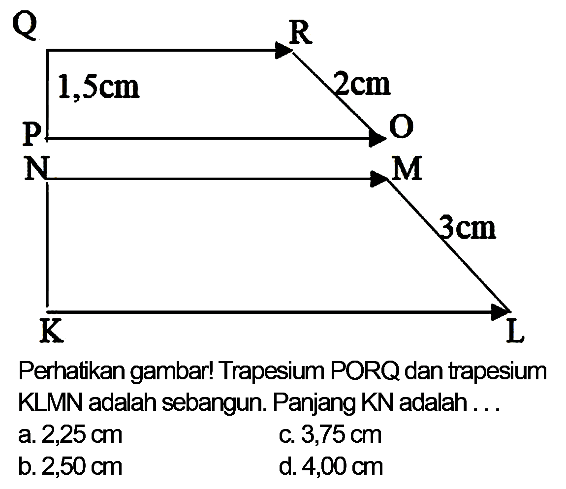 Q R 1,5 cm 2 cm P O N M 3 cm K L Perhatikan gambar! Trapesium PORQ dan trapesium KLMN adalah sebangun. Panjang KN adalah...