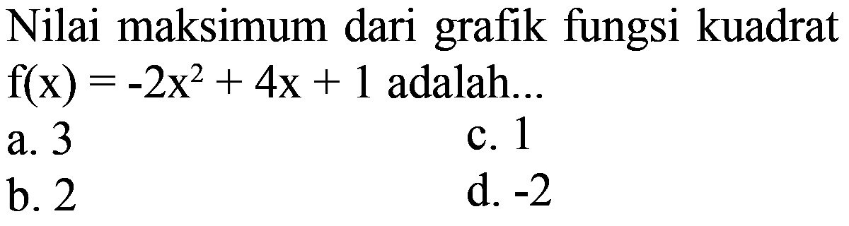 Nilai maksimum dari grafik fungsi kuadrat f(x) = -2x^2 + 4x + 1 adalah