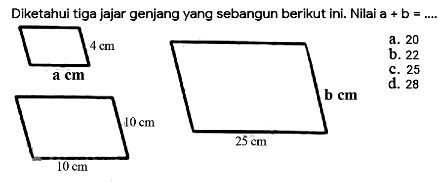 Diketahui tiga jajar genjang yang sebangun berikut ini. Nilai a + b=.... 4 cm a cm 10 cm 10 cm b cm 25 cm 
a. 20 b. 22 c. 25 d. 28 