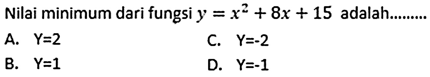 Nilai minimum dari fungsi y=x^2+8x+15 adalah......... 