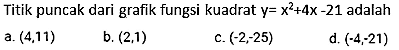 Titik puncak dari grafik fungsi kuadrat y= x^2 + 4x - 21 adalah 
