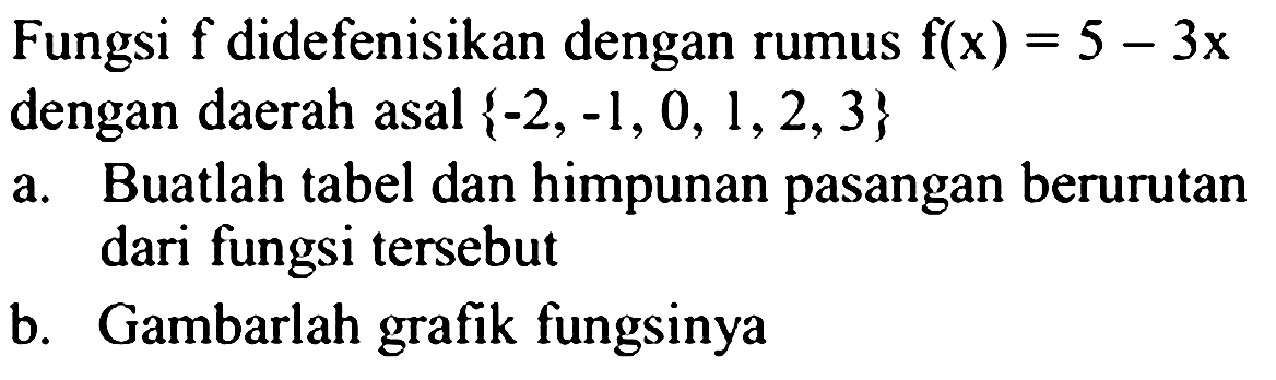 Fungsi f didefenisikan dengan rumus f(x) = 5 - 3x dengan daerah asal {-2, -1, 0, 1, 2, 3} a. Buatlah tabel dan himpunan pasangan berurutan dari fungsi tersebut b. Gambarlah grafik fungsinya