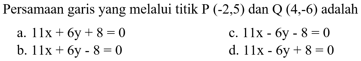 Persamaan garis yang melalui titik P (-2, 5) dan Q (4, -6) adalah