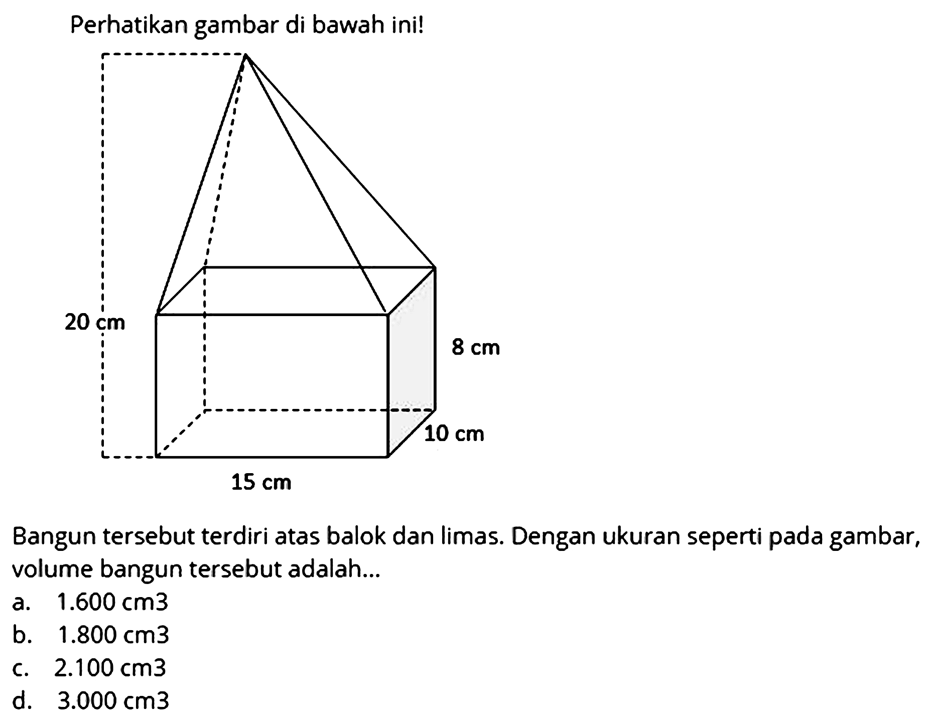 Perhatikan gambar di bawah ini!Bangun tersebut terdiri atas balok dan limas. Dengan ukuran seperti pada gambar, volume bangun tersebut adalah...