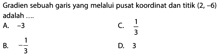 Gradien sebuah garis yang melalui pusat koordinat dan titik (2, -6) adalah ....