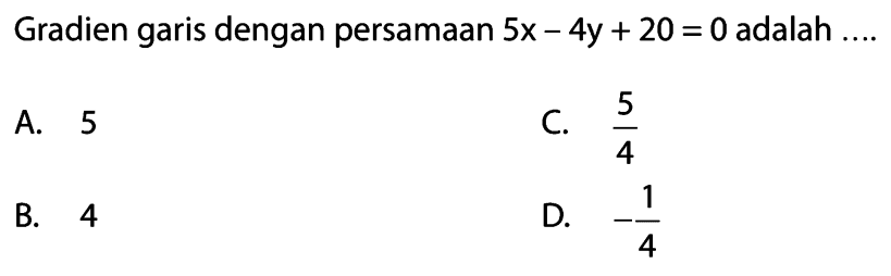 Gradien garis dengan persamaan 5x - 4y + 20 = 0 adalah ....