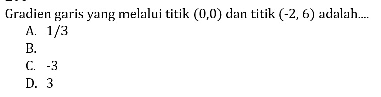 Gradien garis yang melalui titik (0,0) dan titik (-2,6) adalah....