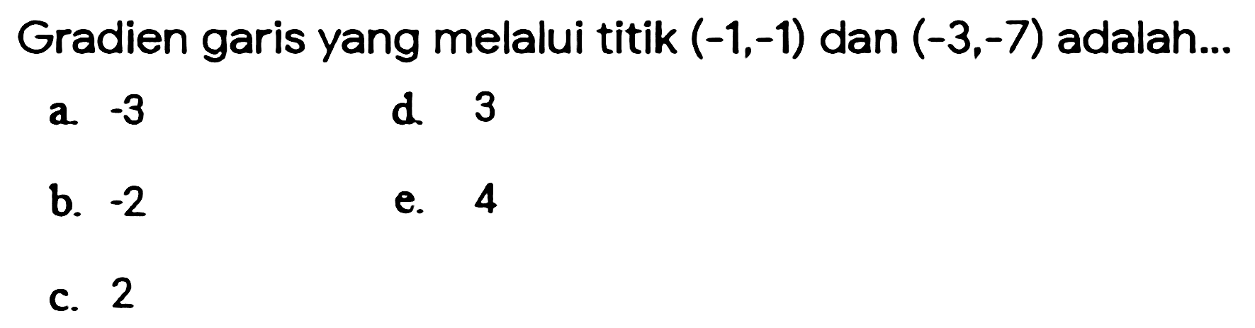 Gradien garis yang melalui titik  (-1,-1)  dan  (-3,-7)  adalah...