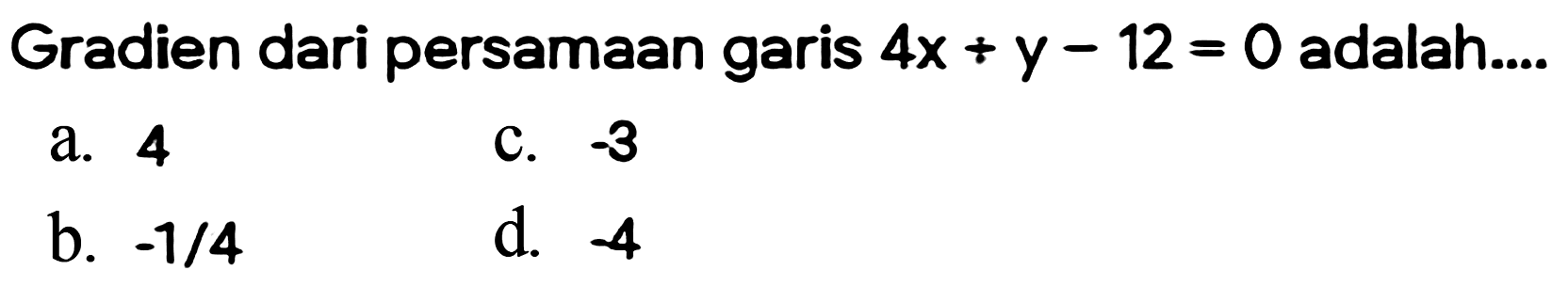 Gradien dari persamaan garis 4x+y-12=0 adalah .... 