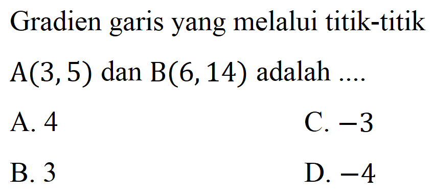 Gradien garis yang melalui titik-titik A(3,5) dan B(6,14) adalah ....