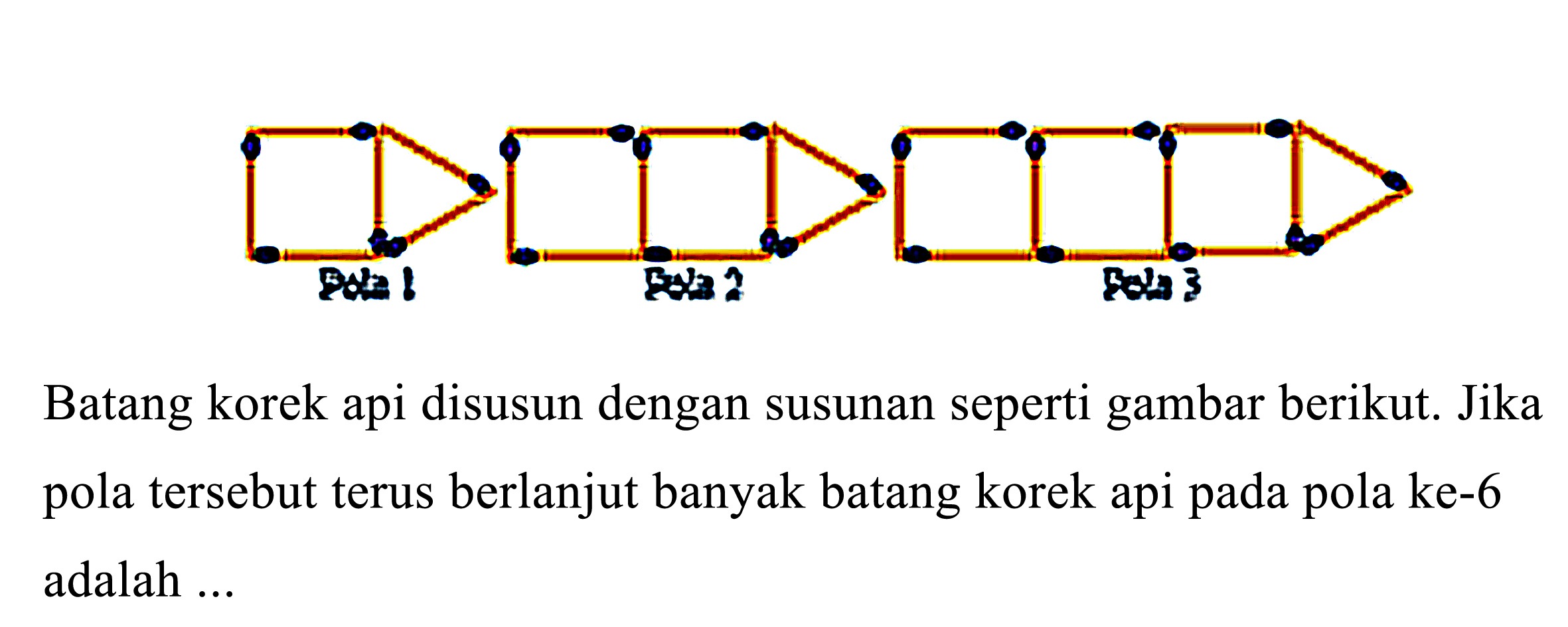 Pola 1 Pola 2 Pola 3 
Batang korek api disusun dengan susunan seperti gambar berikut. Jika pola tersebut terus berlanjut banyak batang korek api pada pola ke-6 adalah ...