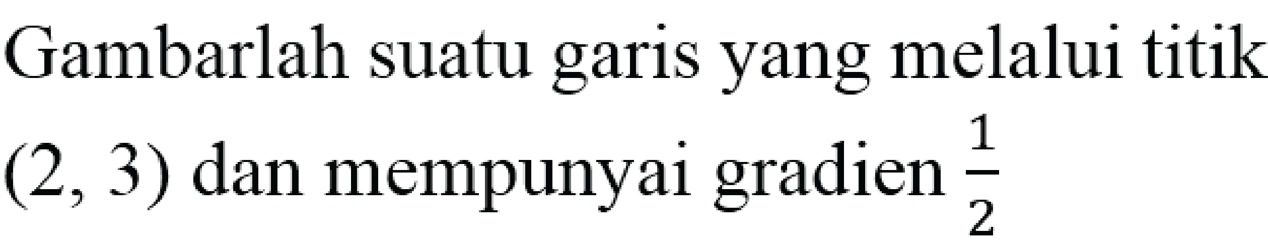 Gambarlah suatu garis yang melalui titik  (2,3)  dan mempunyai gradien  (1)/(2)