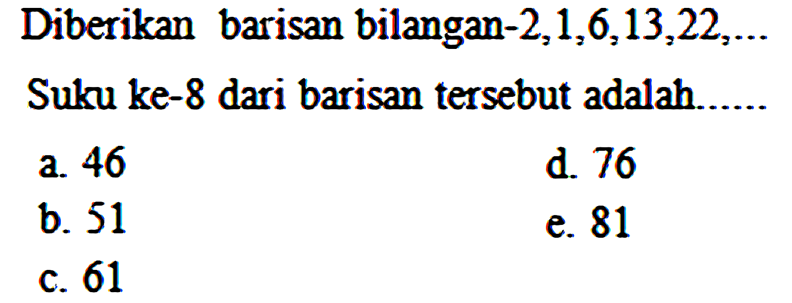 Diberikan barisan bilangan-  2,1,6,13,22, ... 
Suku ke-8 dari barisan tersebut adalah......