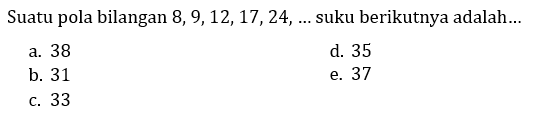 Suatu pola bilangan  8,9,12,17,24, ...  suku berikutnya adalah...