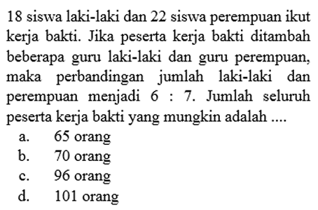 18 siswa laki-laki dan 22 siswa perempuan ikut kerja bakti. Jika peserta kerja bakti ditambah beberapa guru laki-laki dan guru perempuan, maka perbandingan jumlah laki-laki dan perempuan menjadi  6: 7 . Jumlah seluruh peserta kerja bakti yang mungkin adalah ....a. 65 orangb. 70 orangc. 96 orangd. 101 orang