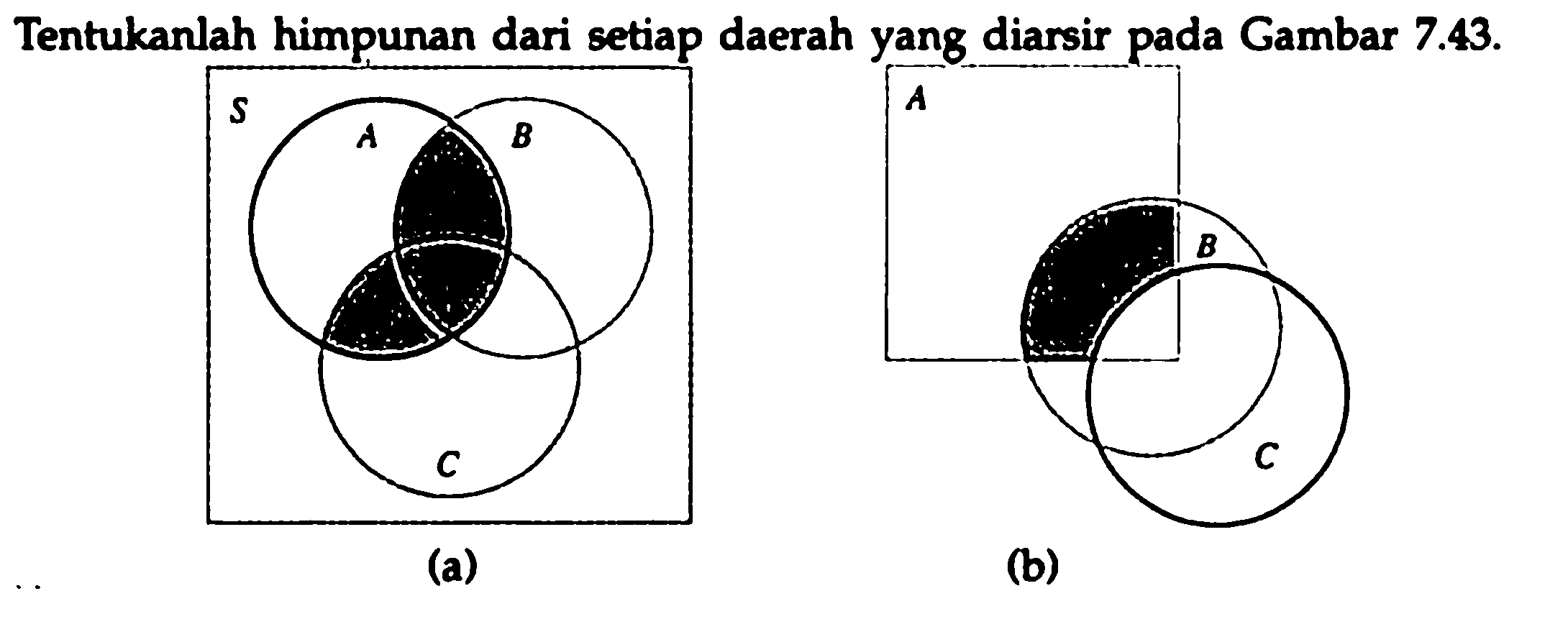 Tentukanlah himpunan dari setiap daerah yang diarsir pada Gambar 7.43.
(a) S A B C 
(b) A B C 