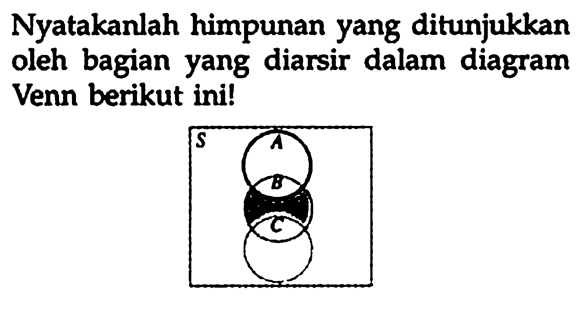 Nyatakanlah himpunan yang ditunjukkan oleh bagian yang diarsir dalam diagram Venn berikut ini! 
S A B C